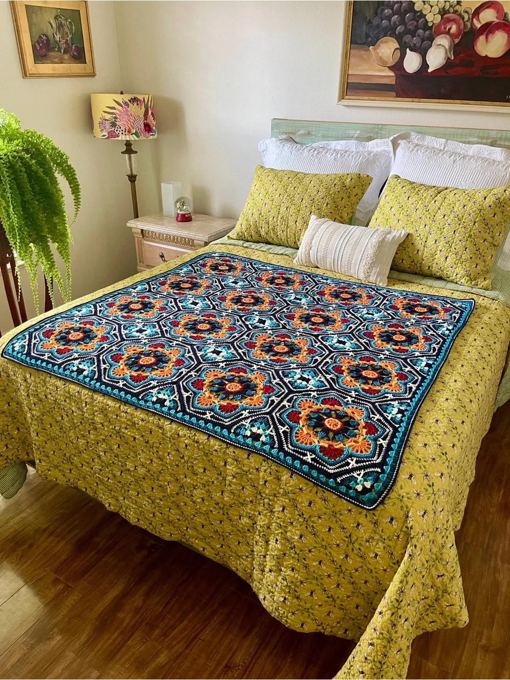 Crochet Throw Blanket, Blue & Orange, Persian Tile Style, Acrylic, 50” x 50”
